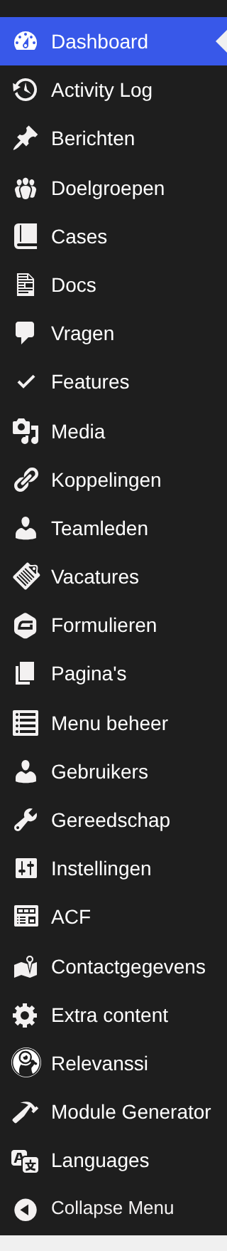 Het linkermenu met onder elkaar de soorten inhoud en daaronder de instellingen.