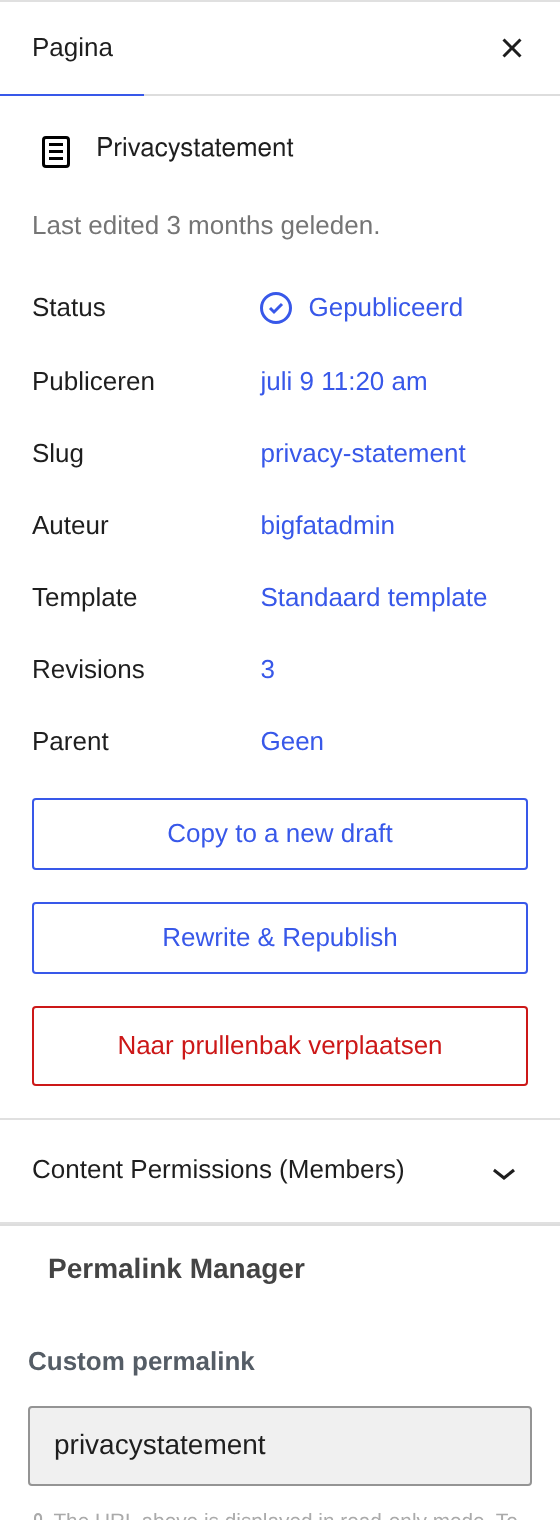 Het paneel rechtsboven met de status van de pagina, de publicatiedatum en de knop om op te slaan.