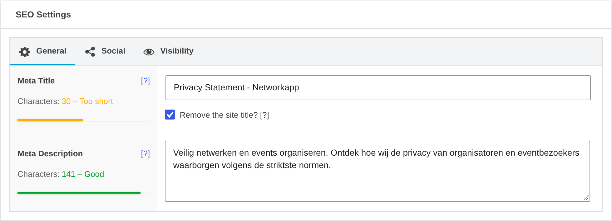 Het vak SEO Settings onderaan een pagina, met de tabbladen General, Social en Visibility.