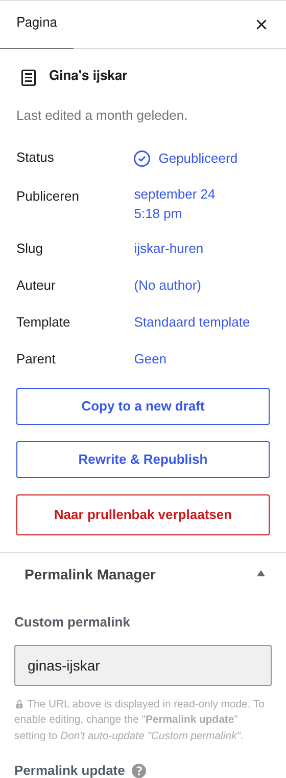 Het paneel rechtsboven met de status van de pagina, de publicatiedatum en de knop om op te slaan.