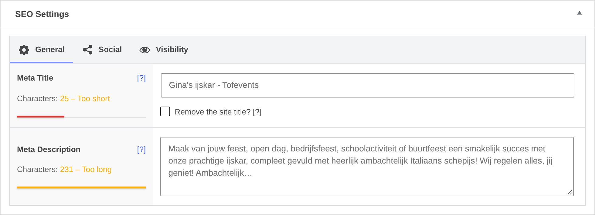 Het vak SEO Settings onderaan een pagina, met de tabbladen General, Social en Visibility.